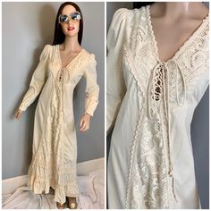 "This is a really darling example of a very earthy and natural style 70s Gunne Sax dress. It is a nice canvas type cotton with rope lace up Renaissance style bodice and lace panels. It has a back zipper and mother of pearl buttons at the cuffs. It is clean (soaked multiple times till water ran clear) I also repaired the hem, the dress is in excellent condition. I measure laid flat and doubled, except lengths, which are actual: 32-34\" Max Bust 29\" W (upper, under bust) Hips open 50\" L *Hand wa 1970 Dress, Blush Lace Dress, Gunne Sax Dress, Angel Outfit, Hippie Chick, Dog Bones, Vintage Clothing Online, Special Dresses, Gunne Sax