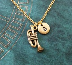 Trumpet Necklace, SMALL Gold Instrument Necklace, Personalized Jewelry, Band Gift Musician Gift, Jaz Trumpet Gifts, Musician Gifts, Small Charms, Personalized Keychain, Letter Charms, Marching Band, Necklace Personalized, Initial Charm, Ball Chain