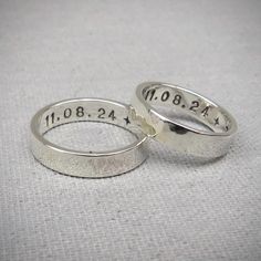 Handmade Sterling silver pinky promise rings. Your special date stamped inside, or a significant word of your choice. Just pop me a note with your order. Lovely alternative to traditional engagement rings.  *This listing is for TWO rings* ℹ️TECHNICAL INFO: Made in my Northumberland workshop (UK) from 100% recycled sterling silver. Each ring is 1.2mm and 4mm wide. This gives them a quality feel which is not too heavy. The rings will be made with a hammered, polished finish, unless requested other Pinky Promise Rings, Pinky Promise Ring, Traditional Engagement, Pinky Rings, Silver Promise Rings, Ring Bands, Traditional Engagement Rings, Sterling Silver Promise Rings, Pinky Promise