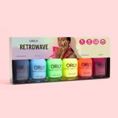 each of all six shades from the Retrowave collection.  Includes:  Gotta Bounce - Denim Blue Crème Far Out - Cornflower Blue Crème So Fly - Neon Green Crème Oh Snap - Neon Yellow Crème Hot Pursuit - Bright Red Coral Crème Psych! - Deep Burgundy Crème #retrowave Neon Green Swimsuit, Builder In A Bottle, Nail Polish Box, Hot Pursuit, Oh Snap, Gel Nail Colors