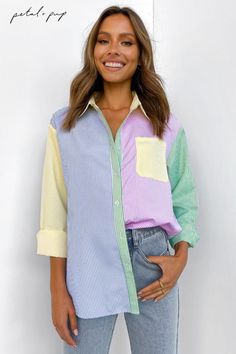 Colorful summer top, colorful long sleeve top, color block top, colorful button up top, colorful button down top, cute colorful top Summer Color Block Top With Collar, Summer Color Block Tops With Collar, Chic Relaxed Fit Shirt With Striped Collar, Chic Shirt With Striped Collar And Relaxed Fit, Green Collared Shirt For Spring, Spring Relaxed Fit Blouse With Collar, Spring Relaxed Fit Collar Blouse, Spring Workwear Blouse In Relaxed Fit, Spring Collared Blouse With Relaxed Fit