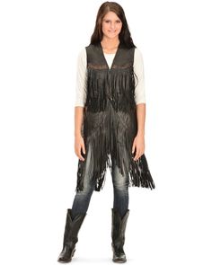 Kobler Leather Women's Cigala Leather Fringe Vest, Black Fall Leather Sleeveless Jacket, Sleeveless Black Leather Jacket For Fall, Sleeveless Leather Vest For Fall, Fitted Sleeveless Leather Jacket, Fitted Leather Jacket With Fringe, Fitted Fringe Vest, Sleeveless Western Outerwear For Fall, Fitted Sleeveless Vest With Fringe, Western Leather Vest For Fall