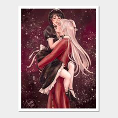 a couple hugging each other with snow falling in the background and stars on the ground