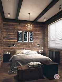 a bedroom with brick walls and wooden floors