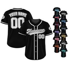 Black Custom Baseball Jersey is a stylish and functional piece that ensuring a comfortable fit for groups, individuals, couples, teams, or anyone who loves Gradient fashionable and sporty vibe. From casual outings to intense gameplay, this baseball jersey always guarantees both style and performance. If you have any other design ideas, or any changes to the jersey details, simply share an image and we will create a visual representation for you to confirm. ⚾FEATURES - Personalized with your choi Collegiate Black Customizable Jersey, Black Collegiate Jersey, Customizable, College Baseball Jersey In Black With Team Name, Collegiate Black Baseball Jersey, Collegiate Black Baseball Jersey For Sports Season, Black Varsity Jersey For Team Events, Customizable Black Varsity Jersey, Black Varsity Jersey With Letter Print, Black Team Spirit Jersey For College