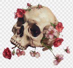 a skull with flowers on it's head is shown in this image transparent background