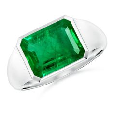 Add a unique flair to your look with this stunning signet ring. It showcases an emerald-cut emerald that is bezel set in an east-west setting. This Platinum ring will instantly elevate your style game. Formal Emerald Ring With Rectangular Stone And Bezel Setting, Classic Emerald Ring With Rectangular Bezel Setting, Fine Jewelry Emerald Cut Signet Ring For May Birthstone, Fine Jewelry Emerald Cut Signet Ring With May Birthstone, Modern Octagon Emerald Ring For Formal Occasions, Classic Rectangular Emerald Ring With Polished Finish, Classic Rectangular Emerald Ring With Bezel Setting, Elegant Rectangular Emerald Signet Ring, Modern Green Emerald Cut Signet Ring