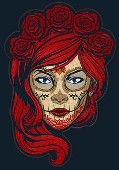 a woman with red hair and sugar skulls on her face is wearing roses in her hair