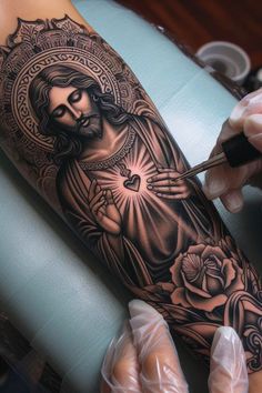 a woman getting her tattoo done with scissors