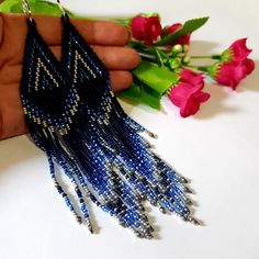 Luxury earrings.Very Long ,layered tassel earrings. Beaded earrings native American style. Fringe earrings. Seed Bead Earrings Boho earrings .Dark blue and silver color. Materials;These earrings were made of the Japanese beads and Czech crystals .sterling silver lever back. Earrings length 6 inches (17 cm) Beaded Earrings Native American, Earrings Seed Beads, Earrings Native American, Beaded Earrings Native, Beaded Tassel Earrings, Long Tassel Earrings, Style Dark, Earrings Beaded, Native American Fashion