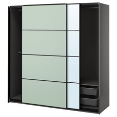 an open black and white cabinet with drawers