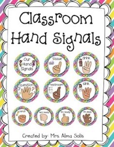 the classroom hand signals poster is displayed on a rainbow striped background with colorful circles around it