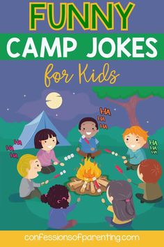 the book cover for funny camp jokes for kids, featuring children around a campfire