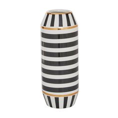 a black and white striped vase with gold trim