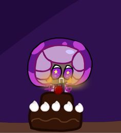 a cartoon character sitting on top of a chocolate cake with candles in the shape of mushrooms