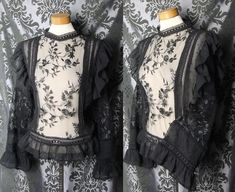 From "Austere Devotion" - A wonderful Black sheer detailed * Victorian Governess * style blouse. Beautiful detail with stunning Victorian style embroidered bib / yolk design with lace detail each side. Long sleeves with frilled cuffs and sheer panel detail. Frilled hem with lace trim also ... Wonderful!! In "Very Good Vintage" condition!  SIZING & MEASUREMENTS Size - 12 (UK) Bust - 40" around the bust (No Stretch) Length - 23" from shoulder to bottom Any questions, just ask!! - Worldwide Shippin Elegant Gothic, Gothic Clothing, Black Embroidery, Gothic Outfits, Embroidery Details, Sheer Blouse, Clothing Boutique, Victorian Fashion, Boutique Clothing