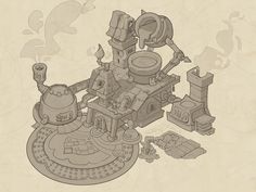 a drawing of a steampunky machine with pipes coming out of the top