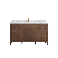 an image of a bathroom vanity with marble counter top and wooden cabinetry on white background