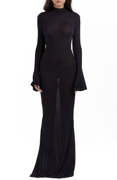 This semisheer maxi dress brings subtle romance to your style with long bell sleeves, an open back and a silky-soft touch. Exclusive retailer Pull-on style Mock neck Long sleeves Semisheer Unlined 100% viscose Dry clean Imported