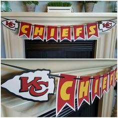 two pictures of a banner with the name chiefs on it and an image of a fire place