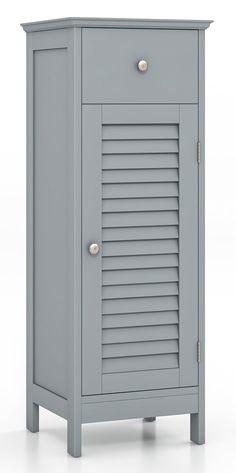 a gray cabinet with shutters on the front and bottom doors, sitting against a white background