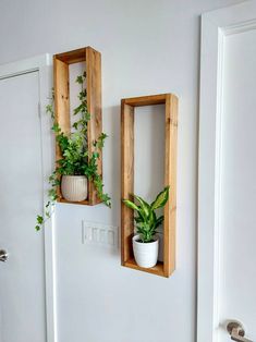 two wooden boxes with plants in them on the wall