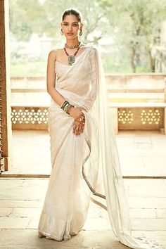 Shop for Matsya Silver Venetian Tissue Saree With Blouse for Women Online at Aza Fashions Mirror Work Blouse, Tissue Saree, Ivory Fabric, Embroidered Border, Diy Hanging, Blouse Online, Saree With Blouse, Work Blouse, Embroidered Silk