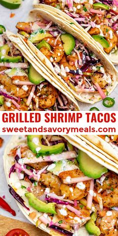 grilled shrimp tacos with avocado, red onion and cilantro