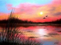 a painting of two birds flying over a lake with the sun setting in the background