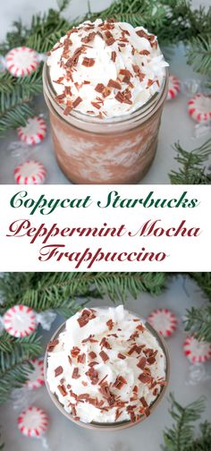 two cups filled with whipped cream and topped with chocolate shavings, peppermint mocha trufce