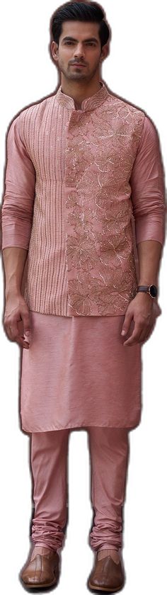 Pink Long Sleeve Raw Silk Set, Pink Bandhgala With Zari Work And Long Sleeves, Pink Long Sleeve Bandhgala With Zari Work, Festive Pink Nehru Jacket Straight Kurta, Pink Straight Kurta Bandhgala For Festivals, Pink Cutdana Bandhgala For Festive Occasions, Pink Long Sleeve Raw Silk Traditional Wear, Pink Nehru Jacket For Festive Occasions, Pink Long Sleeve Bandhgala With Cutdana