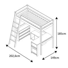 bunk bed with stairs and desk underneath it, measurements for the bottom half of the bed