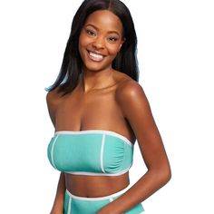 Womens Terry Textured Solid Bandeau With Binding Bikini Top Kona Sol Turquois Size M * Soft, Stretchy Terry-Textured Fabric For Comfort In And Out Of The Water * Turquoise Blue Color With Chic White Binding On The Trim And Front For A Sporty Contrast * Detachable Over-The-Shoulder Straps For Versatile Wear * Back Hook-And-Loop Fastener For A Secure Fit * Removable Cups For Customizable Styling * Versatile For Pairing With Matching Or Other Bottoms For Various Styling Options Green Strapless Swimwear For Poolside, Green Strapless Swimwear, Light Blue Bandeau Tube Top For Summer, Vacation Blue Strapless Tube Top, Blue Strapless Tube Top For Vacation, Green Bandeau Tube Top For Swimming, Green Beachwear Tube Top For Vacation, Strapless Green Swimwear For Pool, Summer Sleeveless Tube Top For Poolside