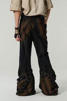 FLYERRER Arc Spliced Rivet Strap Flared Pants | PROJECTISR US Flare Pants With Pockets For Streetwear, Mens Flared Pants, Male Flared Pants, Overlap Flare Pants, Gothic Flare Fitted Pants, Sneakers And Socks, Half Shirts, Jean Accessories, Flare Pants