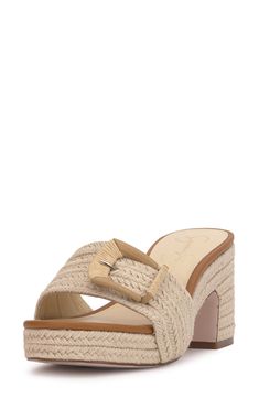 An oversized buckle details the vamp of an espadrille-inspired slide sandal lifted by a jute-wrapped platform and block heel. 3" heel; 3/4" platform Textile upper/synthetic lining/rubber sole Imported Chic Sandals With Tang Buckle For Vacation, Summer Mules With Tang Buckle And Round Toe, Beige Wedge Sandals With Buckle For Vacation, Chic Wedge Sandals With Buckle For Vacation, Beige Wedge Sandals With Buckle Closure For Vacation, Chic Beach Mules With Buckle Closure, Beige Sandals With Tang Buckle For Spring, Synthetic Espadrilles With Buckle Closure For Beach, Spring Vacation Mules With Buckle Closure