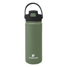 the hydro flask water bottle is green and black