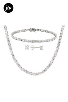 Bella Luce �� white diamond simulant 62.00ctw round, rhodium over sterling silver 7.25" bracelet, 18" necklace and stud earrings set. The bracelet measures approximately 7 & 1/4"L x 1/8" W and has a hidden box clasp closure. The necklace measures approximately 18"L x 1/8"W and has a hidden box clasp closure. The stud earrings measures approximately 1/8" L x 1/8"W and has tension post backings. White Gold Crystal Jewelry With Diamond Cut, Classic Cubic Zirconia Jewelry Sets For Anniversary, Classic Silver Cubic Zirconia Jewelry Sets, Dazzling White Gold Crystal Jewelry, Classic Diamond White Cubic Zirconia Jewelry, Classic Silver Jewelry Sets With Brilliant Cut, White Gold Jewelry With Diamond Accents And Crystal, Silver Round Cut Jewelry Set For Formal Occasions, White Gold Crystal Fine Jewelry Sets