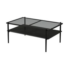 a black coffee table with glass top and two shelves on each side, against a white background