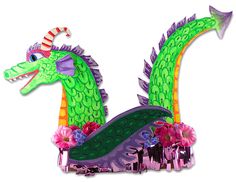 a green and purple dragon with flowers on it's tail is standing in front of a white background