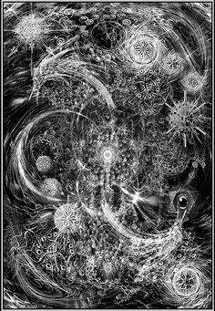 an abstract black and white image with swirls, stars and circles in the center