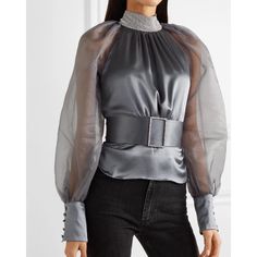 Brand New Never Worn, From Net-A-Porter Luxury Fitted Tops With Sheer Sleeves, Luxury Evening Top With Sheer Sleeves, Luxury Evening Tops With Sheer Sleeves, Rich Earrings, Tulle Blouse, Elegant Midi Dress, Elegant Midi Dresses, Gray Silk, Tie Blouse