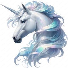 a white unicorn with blue and pink hair