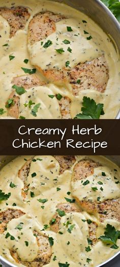 creamy herb chicken recipe in a skillet with parsley on top and the bottom