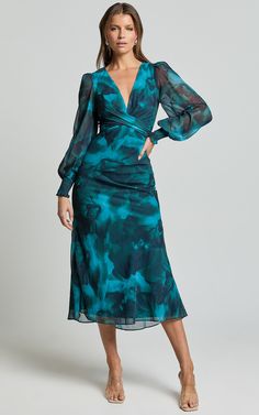 Artelia Midi Dress - V Neck Long Sleeve Slip Dress in Emerald | Showpo USA Elegant Maxi Dress With Abstract Print For Spring, Elegant Abstract Print Maxi Dress For Spring, Elegant Spring Maxi Dress With Abstract Print, Elegant V-neck Maxi Dress With Abstract Print, Long Sleeve Dresses With Abstract Print For Party, Chic Fitted Maxi Dress With Abstract Print, Chic Abstract Print Midi Dress For Party, Chic Spring Dresses With Abstract Print, Elegant Party Dress With Abstract Print