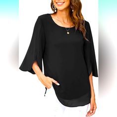 New Acevog Womens Casual Scoop Neck Loose Top 3/4 Sleeve Chiffon Blouse Shirt Tops. Size Xxxl. Casual, Blouse Tops,Scoop Neck, Solid Color, Dressy Chiffon Blouse, Half Ruffle Split Sleeve, Two Layers Design, 3/4 Sleeve Tops, Back Seam Zipper, Plus Size Blouses And Tops, Chiffon Shirts Loose Fit. Great For Spring, Summer And Fall. Perfect Wear With Legging, Jeans, Pants, Skirts.Appropriate For Work, Vacation, Daily Casual And Other Occasions. Clear With Red Lid Tote Summer Office Blouse With 3/4 Sleeves, Black Summer Blouse With 3/4 Sleeves, Black Chiffon Office Tops, Black Chiffon Tops For Office, Black 3/4 Sleeve Summer Blouse, Casual Black Chiffon Top, Black Chiffon Short Sleeve Blouse, Elegant Summer Blouse With 3/4 Sleeves, Elegant 3/4 Sleeve Summer Blouse