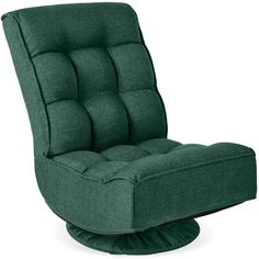 a green recliner chair sitting on top of a wooden base