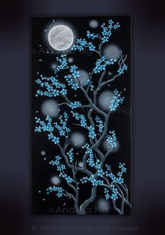 a painting of a tree with blue flowers and the moon in the sky behind it