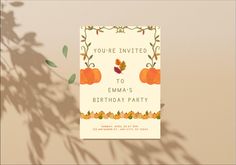 a birthday party card with pumpkins and leaves on the front, in an autumn theme