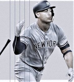 a baseball player holding a bat and wearing a new york yankees uniform in front of a gray background