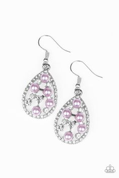 Glassy white rhinestones and pearly blue beads are sprinkled along the center of a rhinestone encrusted teardrop for a glamorous look. Earring attaches to a standard fishhook fitting. Sold as one pair of earrings. Queen Earrings, Glamorous Look, Purple Beads, Purple Pearl, Purple Earrings, Paparazzi Accessories, White Rhinestone, Paparazzi Jewelry, Stunning Jewellery